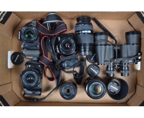 Olympus Four-Thirds DSLR Cameras and Lenses, an Olympus E-520 camera with 14-45mm f/3.5-5.6 zoom lens, an Olympus E-500 camer