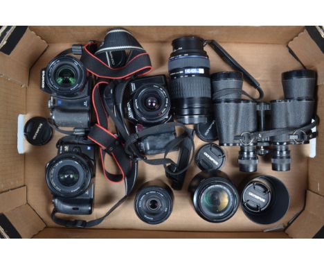 Olympus Four-Thirds DSLR Cameras and Lenses, an Olympus E-520 camera with 14-45mm f/3.5-5.6 zoom lens, an Olympus E-500 camer