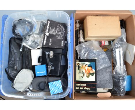 Two Trays  of Camera Related Items, including a Cosina CT-20 camera, with 50mm f/2 lens, a Sigma Pentax K mount 28mm f/2.8 le