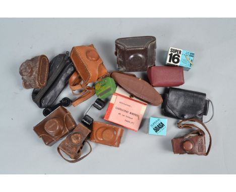 Subminiature Camera Cases. ten approx including cases for Kiku 16, Kunik Foto-Fuller, Minolta, Ricoh 16, Rubix, Steky (2) and