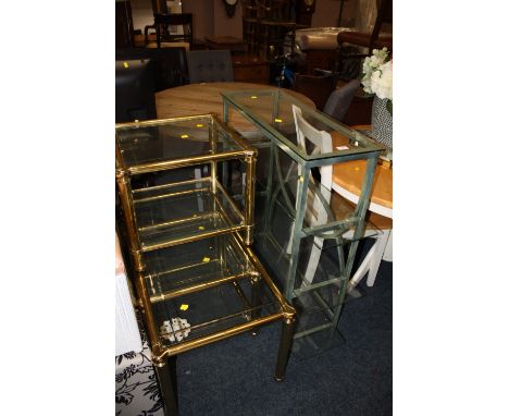 TWO GLASS TOPPED COFFEE TABLES AND A 4 TIER GLASS SHELF UNIT (3)