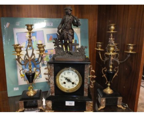 A FRENCH SLATE AND MARBLE MANTEL CLOCK GARNITURE WITH FIGURATIVE DETAIL