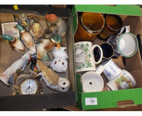 TWO SMALL TRAYS OF CERAMICS TO INCLUDE VINTAGE MUGS, WADE, OWL FIGURES ETC. 