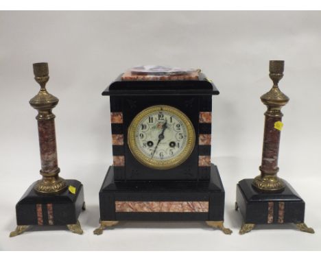 A FRENCH SLATE AND MARBLE MANTEL CLOCK GARNITURE