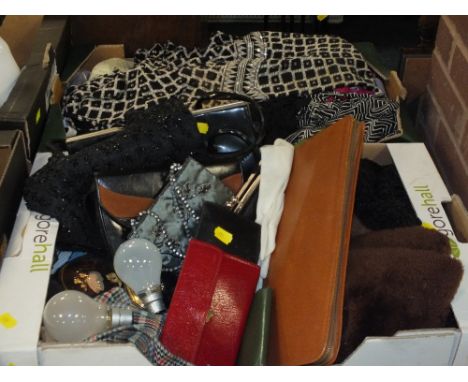 TWO TRAYS OF VINTAGE CLOTHING AND ACCESSORIES TO INCLUDE PURSES, COMPACTS ETC. 