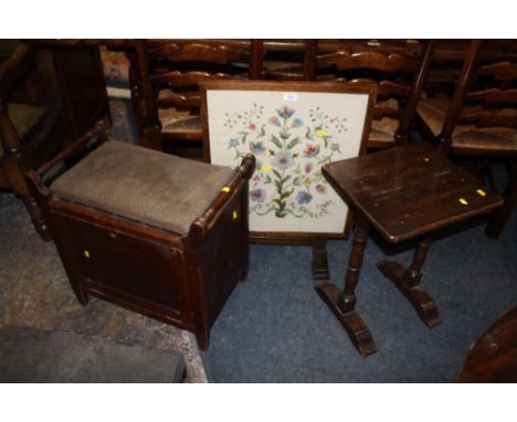 A FIRESCREEN, OCCASIONAL TABLE AND A BOX PIANO STOOL (3)