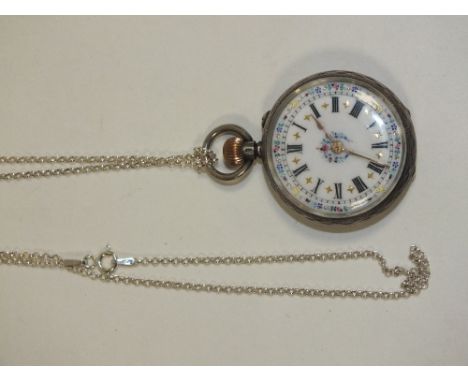 A SILVER FOB WATCH WITH FLORAL ENAMEL DIAL ON FINE SILVER CHAIN