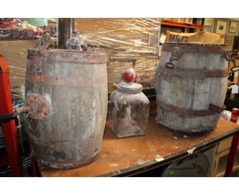 TWO VINTAGE CHURNS A/F TOGETHER WITH A GLASS EXAMPLE