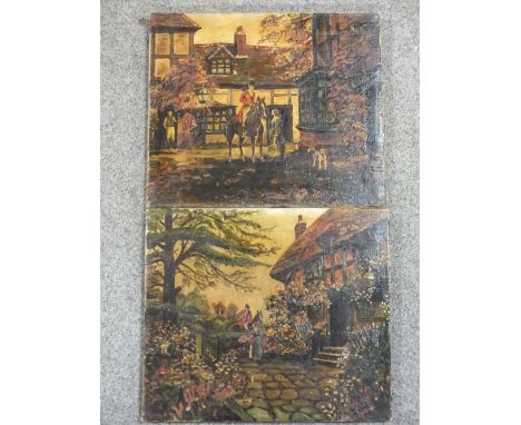 A PAIR OF VINTAGE UNFRAMED OIL ON CANVAS'S DEPICTING A HUNTSMAN ARRIVING HOME 