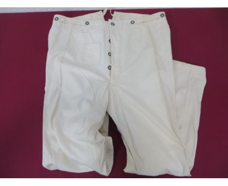 Scarce Pair of Imperial German Fatigue Trousers  white heavy cotton wide leg trousers. High V back waist. Small right hip ope