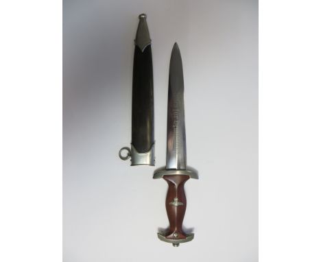 German Third Reich NSKK Dagger By Gebr. Bell  8 1/2 inch double edged blade etched “Alles Fur Deutschland”. Nickel crossguard