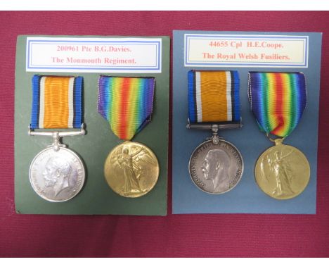 Two WW1 Welsh Medal Pairs  consisting silver War medal and Victory named to “200961 Pte B. G Davies Monmouth R” ... Similar p