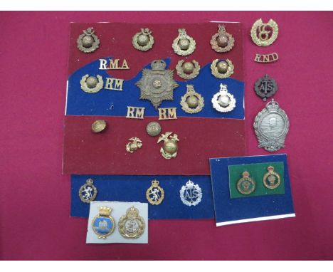 Selection of Royal Marine Badges  cap badges include RMLI ... KC brass RM ... QC brass RM ... QC anodised RM ... KC brass RM 