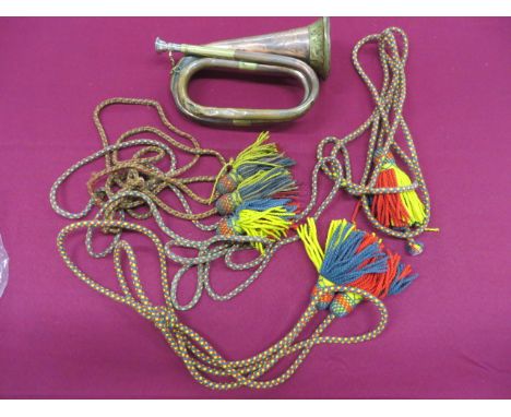 1916 Dated Military Bugle and Bugle Cords  copper and brass bugle. The body stamped “Thos Dawkins & Co London 1916”. Peaked m