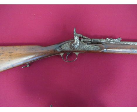 Mid 19th Century Snider Breech Loading Military Rifle  .577 30 1/2 inch rifled barrel with side bayonet bar. Rear ladder sigh