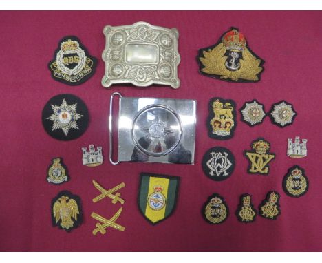 Small Selection of Various Badges and Items  including white metal thistle and Celtic design piper’s buckle ... Chrome 4th Ro