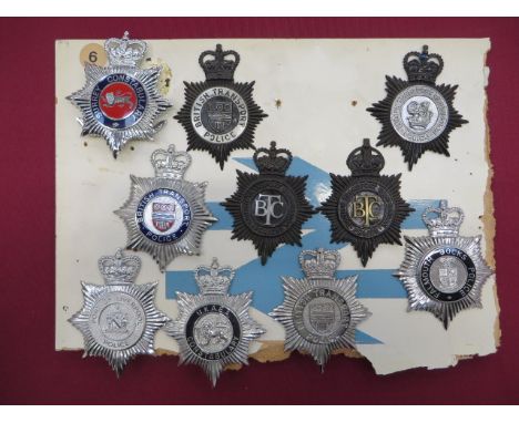 10 Various Police Helmet Plates  consisting QC blackened and chrome British Transport Police ... 2 x QC blackened and chrome 