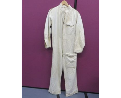 WW2 One Piece Khaki Oversuit  khaki cotton (now faded to cream) single breasted high collar suit. Left patch chest pocket wit