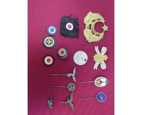 Selection of German Third Reich Badges  including black bevo weave cap cockade ... 4 various cap cockades ... Plated and enam