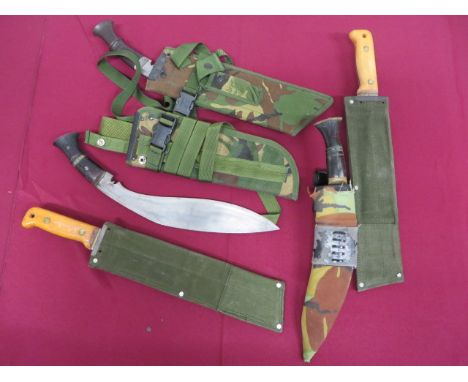 Selection of Various Knives  including two Indian kukri. Single edged blades of typical form. Steel ferrule. Wooden ribbed gr