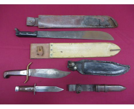 WW2 American Machete and Various Knives  long single edged blade marked “US 1943”. Fibre slab grips retained by steel rivets.