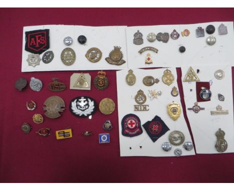 Selection of Civil Service Organisation Badges  including KC bronzed NAAFI ... KC chrome NAAFI ... KC brass On War Service 19