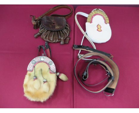 Three Various Scottish Undress Sporrans  consisting white fur example with two fur tassels ... White metal Celtic design cent