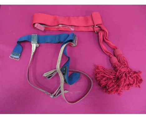 Infantry Undress Sword Belt and Crimson Waist Sash  blue webbing undress sword belt with plain brass buckle and fittings. Two