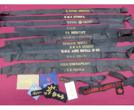 Selection of Various Cap Tallies Including Overseas  including HMS Ark Royal R-07 ... HMS Gurkha ... HMS Europa ... Royal Yac