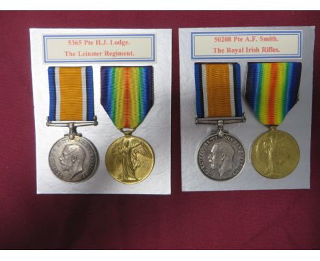 Two WW1 Irish Medal Pairs  consisting silver War medal and Victory named to “5365 Pte H J Lodge Leins. R” ... Similar pair na