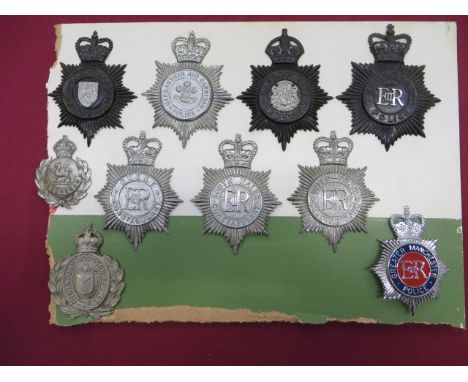 10 Various Police Helmet Plates  consisting KC blackened and white metal Cardiff City Police ... KC white metal Glamorgan ...