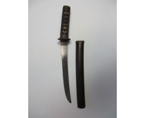 Japanese Short Tanto With Signed Tang  11 1/2 inch single edged blade. Copper habaki. Tang with three character signature. St