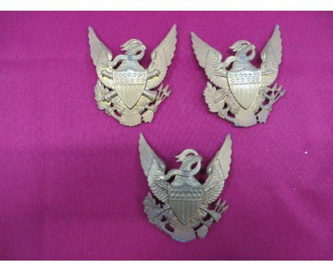 Three American Army Shako Helmet Plates  consisting brass eagle with central shield and crossed sabres on its breast for Cava