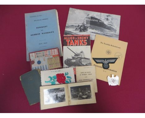 Small Selection of German Items  including bevo weave eagle and swastika breast badge... Carved mother of pearl eagle and swa