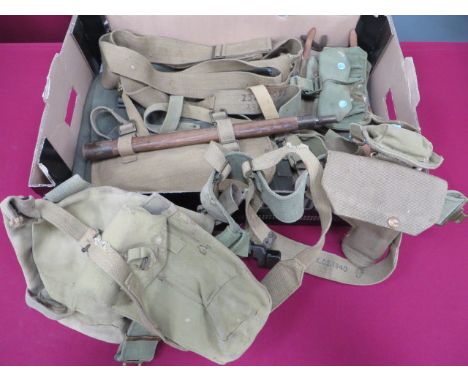 Part Set of 1937 Pattern Webbing  consisting belt, cross straps, revolver holster, compass case, small pack, entrenching tool