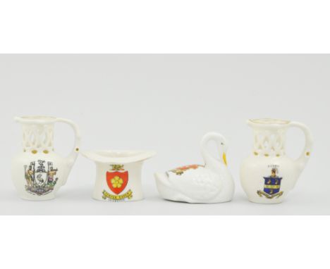 Various W.H. Goss and Crested ware, to include a Rugby crested model of an Old English puzzle jug, a Coventry puzzle jug and 