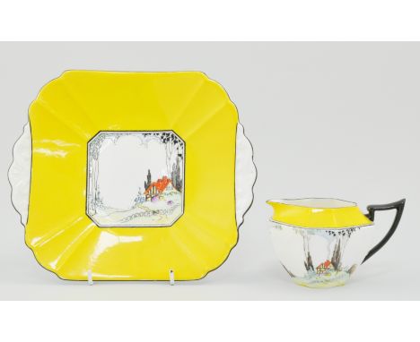 Shelley part tea service, Queen Anne shape, designed with a cottage in a landscape, edged with a yellow border, 11604 (1 box)