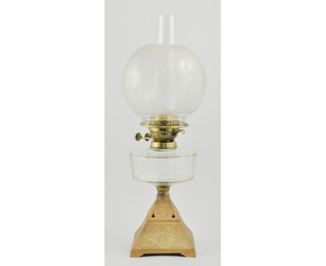 Victorian oil lamp, an etched glass shade, with a cut glass reservoir, height 55cm.