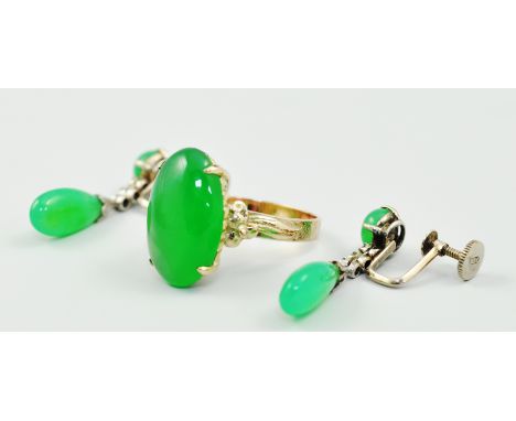 Yellow metal dress ring, jade mounted, stamped 14k, together with a pair of yellow metal jade and diamond set drop ear-rings,