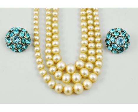 Set of seven paste set buttons, simulated pearl necklace and other necklaces.