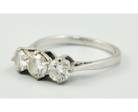 Platinum diamond three stone ring, the diamonds approximately 0.40ct and smaller.