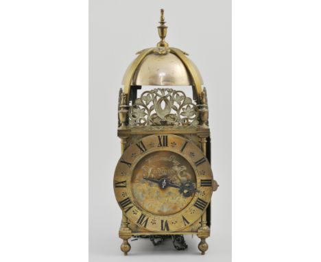 Brass striking lantern clock, 6" dial with Roman numerals, engraved dial centre bearing inscription "William Gray, London", t