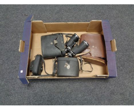 A box of four sets of assorted binoculars (three cased), Petri Computor 35 camera 
