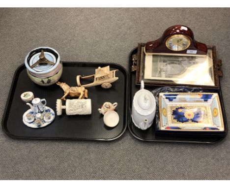 A contemporary quartz mantel clock, Royal Worcester Millennium plate, carved frame picture/tray, teapot and ginger jar, three