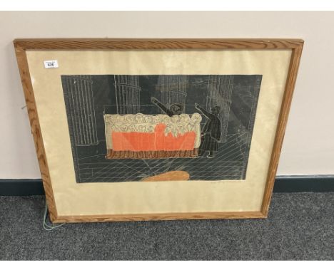 Continental school : A colour print depicting a choir, 74 cm x 63 cm, indistinctly signed in pencil, framed. 