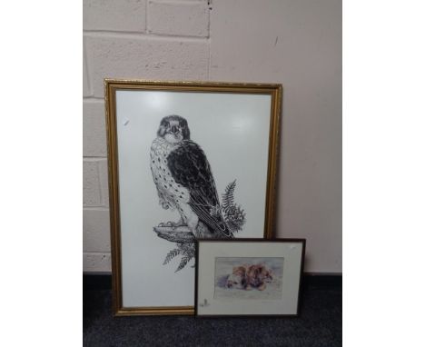 A Keith Proctor signed print depicting terriers together with a further James Adler limited edition print depicting a Kestrel