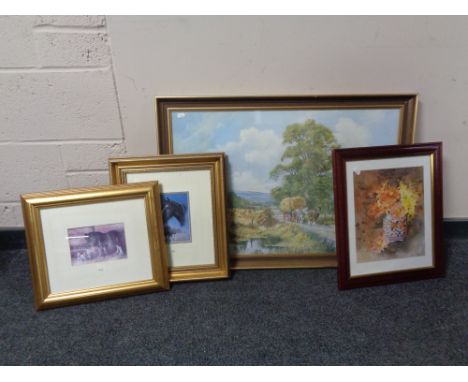 Two framed prints depicting shire horses together with a further gilt framed print of shire horses and a still life print.