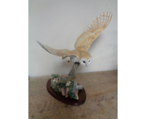 A Border Fine Arts figure of a Barn owl in flight by R T Roberts, limited edition number 312/600, on wooden plinth 