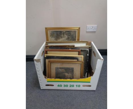 A box containing antique and later black and white etchings, framed pencil sketch of a boy etc. 