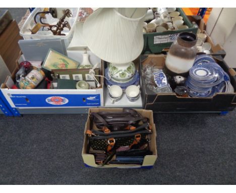 Three boxes containing assorted china to include table lamp with shades, blue and white willow patterned dinner ware, West Ge